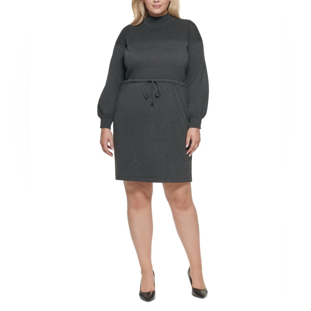 NWT Calvin Klein Gray Long Sleeve Tie Waist Sweater Dress Size 1X